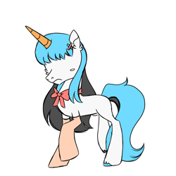 Size: 900x900 | Tagged: safe, artist:fuckomcfuck, derpibooru import, oc, oc only, oc:eye spy, pony, unicorn, bow, clothes, hairclip, no eyes, nonbinary, simple background, slim, socks, solo, white background