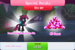 Size: 1272x855 | Tagged: safe, derpibooru import, pinkie pie, changeling, bundle, changelingified, costs real money, english, female, gameloft, gem, horn, insect wings, mushroom, numbers, official, pinkling, sale, solo, solo focus, species swap, text, wings