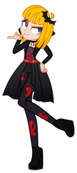 Size: 1280x2888 | Tagged: safe, artist:sugarsong14, derpibooru import, oc, oc only, oc:tippy toes, bat, human, undead, vampire, belt, blood, boots, choker, clothes, commission, costume, eyeshadow, fangs, female, grin, halloween, halloween costume, holiday, humanized, humanized oc, makeup, shirt, shoes, simple background, skirt, smiling, solo, stockings, suit, thigh highs, transparent background