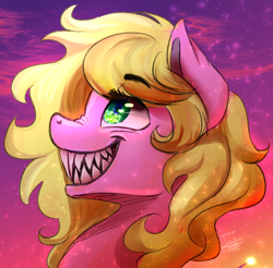 Size: 2014x1980 | Tagged: safe, artist:scarlett-letter, derpibooru import, oc, oc only, oc:twisted ankle, earth pony, bust, looking up, nightmare fuel, nose wrinkle, portrait, profile, sharp teeth, sketch, solo, teeth, toothy grin