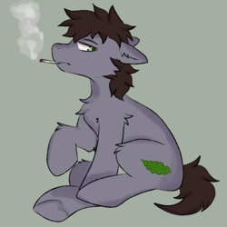 Size: 960x960 | Tagged: safe, artist:korpsegutz, derpibooru import, oc, oc only, oc:theta h, pony, blunt, brown mane, drugs, heart, heart hoof, leaf, male, marijuana, short tail, simple background, smoke, smoke weed erryday, smoking, solo, tail, underhoof