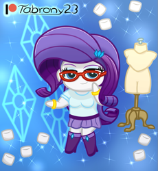 Size: 675x735 | Tagged: safe, artist:tabrony23, derpibooru import, rarity, human, equestria girls, beautiful, boots, chibi, clothes, cute, female, food, glasses, looking at you, marshmallow, rarity's glasses, shoes, skirt, smiling, smiling at you, solo