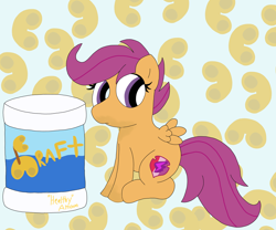 Size: 6048x5036 | Tagged: safe, artist:pinkiepie69, derpibooru import, scootaloo, pegasus, cheese, food, macaroni, macaroni and cheese, messy eating, pasta, solo