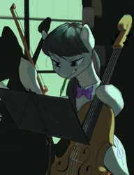 Size: 965x1254 | Tagged: safe, artist:cadillacdynamite, derpibooru import, octavia melody, earth pony, pony, bipedal, bow (instrument), cello, female, hoof hold, magnetic hooves, mare, mouth hold, musical instrument, pencil, sheet music, solo