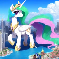 Size: 4000x4000 | Tagged: safe, derpibooru exclusive, derpibooru import, generator:stable diffusion, machine learning assisted, machine learning generated, princess celestia, princess luna, alicorn, pony, g4, city, cloud, crown, female, giant pony, giantlestia, hoof shoes, jewelry, macro, mare, open mouth, open smile, peytral, regalia, size difference, smiling