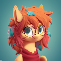Size: 3000x3000 | Tagged: safe, artist:luminousdazzle, derpibooru import, oc, oc only, oc:autumn breeze, pegasus, pony, bust, chest fluff, clothes, ear fluff, ears, female, glasses, gradient background, leaves, looking at you, mare, pegasus oc, portrait, semi-realistic, simple background, smiling, smiling at you, solo, sweater