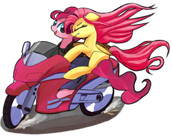 Size: 1200x948 | Tagged: safe, artist:solid shrimp, derpibooru import, fluttershy, pinkie pie, earth pony, pegasus, biker, clothes, duo, motorcycle, simple background, speed, transparent background