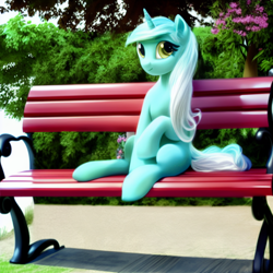 Size: 1024x1024 | Tagged: safe, derpibooru import, editor:siber, generator:stable diffusion, machine learning generated, lyra heartstrings, pony, unicorn, bench, female, looking at you, mare, meme, sitting, sitting lyra, solo