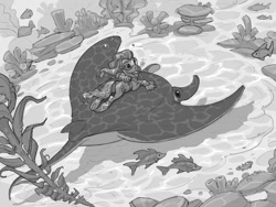 Size: 1200x900 | Tagged: safe, artist:gor1ck, derpibooru import, oc, oc only, crab, fish, manta ray, pony, advertisement, black and white, commission, diving, flippers (gear), grayscale, monochrome, scuba gear, seaweed, solo, swimming, underwater, water, your character here