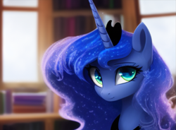 Size: 907x667 | Tagged: safe, derpibooru import, generator:stable diffusion, machine learning assisted, machine learning generated, princess luna, alicorn, blurry background, bookshelf, library