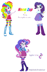 Size: 782x1200 | Tagged: safe, artist:prettycelestia, derpibooru import, pinkie pie, rainbow dash, rarity, oc, oc:neon zap, oc:sapphire striker, human, equestria girls, belt buckle, boots, bow, bracelet, clothes, eyeshadow, fusion, high heel boots, jacket, jewelry, makeup, shoes, stockings, thigh highs