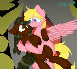 Size: 1821x1639 | Tagged: safe, artist:4agonism, derpibooru import, oc, oc only, oc:clancy, oc:tyrius, pegasus, pony, unicorn, castle, catching, dreadlocks, duo, duo male, flying, holding, hug, looking at each other, looking at someone, male, pegasus oc, red sky, request, smiling, smiling at each other, unshorn fetlocks, window