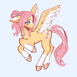 Size: 2500x2500 | Tagged: safe, artist:exxi00, derpibooru import, fluttershy, pegasus, pony, alternate cutie mark, alternate design, alternate hairstyle, blaze (coat marking), coat markings, colored wings, colored wingtips, ears, eyebrows, facial markings, female, floppy ears, flying, hair bun, mare, raised leg, simple background, slim, socks (coat marking), solo, spread wings, unshorn fetlocks, wings