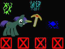 Size: 2100x1600 | Tagged: safe, derpibooru import, oc, oc:harmonious percussion, unicorn, black background, dark background, dirty hooves, green coat, green eyes, magic, pickaxe, purple mane, simple background, solo, telekinesis