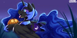 Size: 3000x1500 | Tagged: safe, artist:shadowreindeer, derpibooru import, nightmare moon, alicorn, pony, butt, dock, fangs, forked tongue, halloween, holiday, jack-o-lantern, night, open mouth, open smile, plot, pumpkin, smiling, solo, spread wings, tail, tongue, tongue out, wings