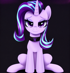 Size: 1024x1062 | Tagged: safe, derpibooru import, editor:siber, generator:stable diffusion, machine learning generated, starlight glimmer, pony, unicorn, choker, cute, dark background, eyeshadow, female, lidded eyes, looking at you, makeup, mare, simple background, sitting, smiling, smiling at you, solo