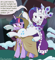 Size: 3280x3536 | Tagged: safe, artist:gay_smilesss, derpibooru import, clover the clever, princess platinum, rarity, twilight sparkle, pony, unicorn, g4, hearth's warming eve (episode), dialogue, duo, female, implied applejack, implied lesbian, implied rarijack, implied shipping, mare, ponies riding ponies, riding, speech bubble