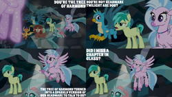 Size: 4400x2475 | Tagged: safe, derpibooru import, edit, edited screencap, editor:quoterific, screencap, gallus, ocellus, sandbar, silverstream, smolder, yona, what lies beneath, student six