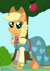 Size: 849x1200 | Tagged: safe, artist:darkdabula, derpibooru import, applejack, earth pony, pony, apple, clothes, dress, food, gown, solo, tree