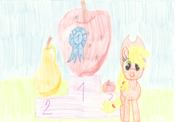 Size: 2000x1391 | Tagged: safe, artist:ragmo, derpibooru import, applejack, pony, apple, blue ribbon, colored pencil drawing, food, pear, podium, traditional art