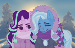 Size: 1920x1236 | Tagged: safe, artist:sam2up, derpibooru import, starlight glimmer, trixie, pony, unicorn, clothes, couple, cute, eyes closed, forest, morning, scarf, smiling, snow, walking, winter