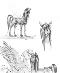 Size: 1100x1333 | Tagged: safe, artist:baron engel, derpibooru import, oc, oc:fantasy, oc:sky brush, pegasus, pony, female, kissing, male, mare, monochrome, pencil drawing, shower, spread wings, stallion, story included, traditional art, wet, wet mane, wingboner, wings