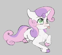 Size: 844x745 | Tagged: safe, artist:woollyart, derpibooru import, sweetie belle, pony, unicorn, g4, :p, blushing, colored hooves, female, filly, foal, gray background, grumpy, looking up, lying down, prone, simple background, solo, tongue, tongue out, unshorn fetlocks