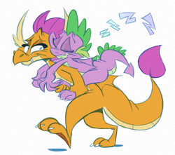 Size: 1024x907 | Tagged: safe, artist:dodgyrom, derpibooru import, smolder, spike, dragon, dragons riding dragons, female, male, onomatopoeia, piggyback ride, riding, simple background, sleeping, sound effects, white background, winged spike, wings, zzz