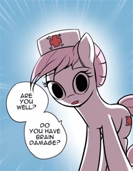 Size: 2510x3230 | Tagged: artist needed, source needed, safe, derpibooru import, nurse redheart, earth pony, pony, abstract background, brain damage, cutie mark, female, hat, looking at you, meme, scott pilgrim vs the world, solo, speech, speech bubble, talking