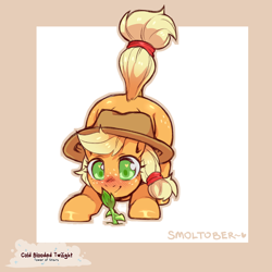 Size: 1200x1200 | Tagged: safe, artist:cold-blooded-twilight, derpibooru import, applejack, ass up, blushing, cute, female, filly, foal, freckles, jackabetes, plant, raised tail, sprout, tail