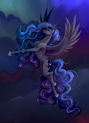 Size: 2748x3798 | Tagged: safe, artist:1an1, derpibooru import, princess luna, alicorn, pony, female, flying, hoers, looking at you, looking sideways, mare, profile, realistic horse legs, solo, spread wings