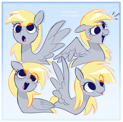 Size: 2372x2357 | Tagged: safe, artist:syrupyyy, derpibooru import, derpy hooves, pegasus, pony, :p, blushing, cute, derpabetes, emanata, female, mare, open mouth, open smile, ponytober, smiling, solo, tongue, tongue out