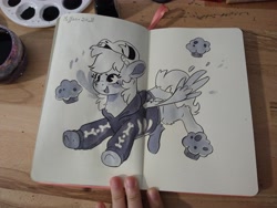 Size: 4000x3000 | Tagged: safe, artist:cutepencilcase, derpibooru import, derpy hooves, pegasus, pony, clothes, female, flying, food, hoodie, mare, muffin, open mouth, open smile, smiling, solo, traditional art