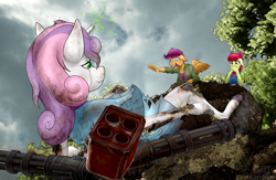 Size: 3212x2094 | Tagged: safe, artist:fluffyorbiter, derpibooru import, apple bloom, scootaloo, sweetie belle, sweetie bot, anthro, robot, unguligrade anthro, broken, broken horn, cliff, cloud, covering mouth, crying, cutie mark crusaders, destabilize, disheveled, falling, female, filly, foal, glowing, glowing eyes, gynoid, horn, mechanic, minigun, rocket launcher, sad, screaming, smoke, sparks, teenager, this will end in tears