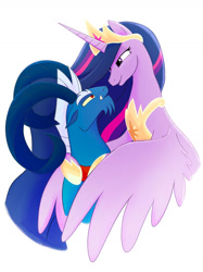 Size: 1280x1708 | Tagged: safe, artist:imperiialfrost, derpibooru import, grogar, princess twilight 2.0, twilight sparkle, twilight sparkle (alicorn), alicorn, pony, sheep, the last problem, crown, female, jewelry, male, mare, older, older twilight, regalia, shipping, simple background, smiling, straight, white background