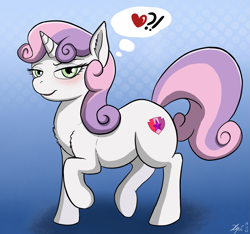 Size: 1957x1835 | Tagged: safe, artist:xyi, derpibooru import, sweetie belle, pony, unicorn, blushing, female, filly, foal, heart, solo, thought bubble