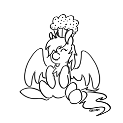 Size: 2000x2000 | Tagged: safe, artist:shiiiny, derpibooru import, derpy hooves, pegasus, g4, chest fluff, eyes closed, female, food, mare, monochrome, muffin, open mouth, open smile, ponytober, simple background, sitting, sketch, smiling, solo, spread wings, white background, wings