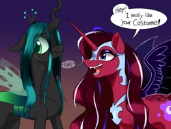 Size: 1957x1468 | Tagged: artist needed, safe, derpibooru import, nightmare moon, queen chrysalis, oc, alicorn, changeling, changeling queen, pony, alicorn oc, clothes, costume, duo, duo female, ears, eye clipping through hair, fake cutie mark, fake wings, female, floppy ears, gradient background, gulp, happy, mare, nervous, open mouth, smiling, sweat, sweatdrops