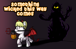 Size: 1966x1266 | Tagged: safe, artist:trash anon, oc, oc only, oc:philia, demon, earth pony, pony, blonde, blonde mane, bucket, clothes, costume, devil horns, devil tail, earth pony oc, female, filly, foal, halloween, halloween costume, holiday, nightmare night, nightmare night costume, pigtails, pitchfork, plushie, pumpkin, pumpkin bucket, shadow, simple background, smiling, solo, text
