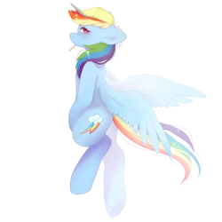 Size: 1800x1800 | Tagged: safe, artist:misocosmis, derpibooru import, rainbow dash, pegasus, pony, 2014, backwards cutie mark, baseball cap, bipedal, candy, cap, female, food, hat, lollipop, looking back, mare, simple background, solo, white background, wings