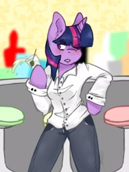 Size: 1536x2048 | Tagged: safe, artist:misocosmis, derpibooru import, twilight sparkle, anthro, unicorn, 2014, alcohol, arm hooves, bar, clothes, cocktail, drink, drunk, drunk twilight, ear fluff, ears, female, hoof hold, old art, olive, one eye closed, pants, shirt, solo