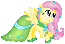 Size: 4431x3000 | Tagged: safe, artist:plsim, derpibooru import, fluttershy, pegasus, pony, clothes, cute, dress, female, gala dress, hoof shoes, looking at something, mare, shyabetes, simple background, smiling, solo, transparent background, wings