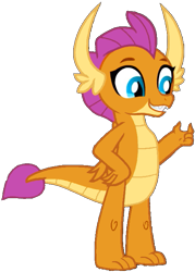 Size: 505x707 | Tagged: safe, derpibooru import, edit, edited screencap, screencap, smolder, dragon, sweet and smoky, background removed, female, happy, looking to side, looking to the right, orange skin, png, simple background, smiling, solo, standing, transparent background