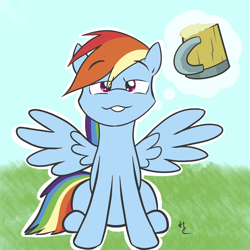 Size: 2400x2400 | Tagged: safe, artist:hardcyder, derpibooru import, rainbow dash, pegasus, pony, cider, cider dash, cider mug, daydream, female, high res, mare, mug, outline, pictogram, sitting, solo, spread wings, teeth, that pony sure does love cider, thought bubble, wings