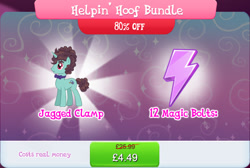 Size: 1274x858 | Tagged: safe, derpibooru import, idw, pony, unicorn, bowtie, brown mane, brown tail, bundle, bushy brows, clear the skies, costs real money, english, gameloft, green coat, green fur, horn, idw showified, jagged clamp, numbers, official, tail, text