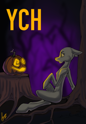 Size: 1640x2360 | Tagged: safe, artist:stirren, derpibooru import, pony, commission, halloween, holiday, hypnosis, pumpkin, sitting, solo, swirly eyes, tree stump, your character here