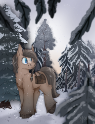 Size: 2300x3000 | Tagged: safe, artist:molars, derpibooru import, oc, oc only, earth pony, pony, bag, blue eyes, braid, brown fur, chest fluff, commission, female, hooves, mare, pine tree, saddle bag, smiling, snow, snowpony, snowpony (species), solo, taiga pony, tree, unshorn fetlocks, walking, yakutian horse