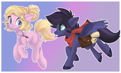 Size: 3500x2111 | Tagged: safe, artist:xvostik, derpibooru import, oc, oc only, oc:fenris ebonyglow, oc:kara waypoint, earth pony, pegasus, pony, bag, clothes, eye clipping through hair, fangs, jewelry, necklace, running, scarf, simple background, spread wings, wings