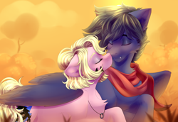 Size: 4336x2984 | Tagged: artist needed, safe, derpibooru import, oc, oc only, oc:fenris ebonyglow, oc:kara waypoint, earth pony, pegasus, clothes, cuddling, hug, scarf, winghug, wings