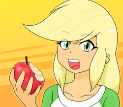 Size: 1480x1280 | Tagged: safe, alternate version, artist:batipin, derpibooru import, applejack, human, equestria girls, apple, bite mark, eye clipping through hair, eyebrows, eyebrows visible through hair, food, open mouth